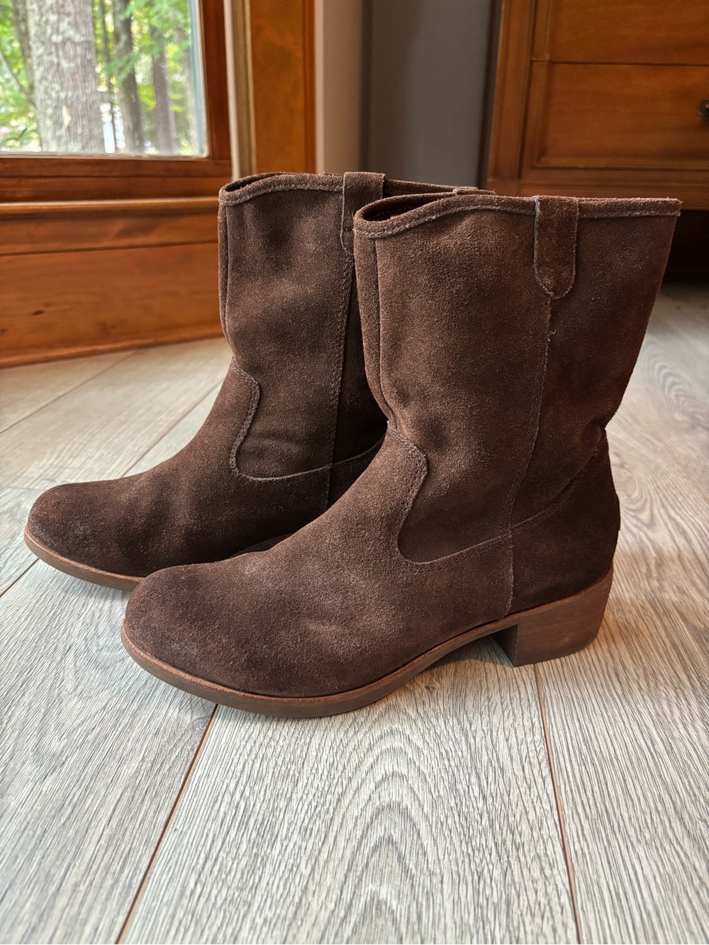 UGG Brown Suede Slouch Ankle Boots Stacked Heel Womens Size 9 Chocolate Western
